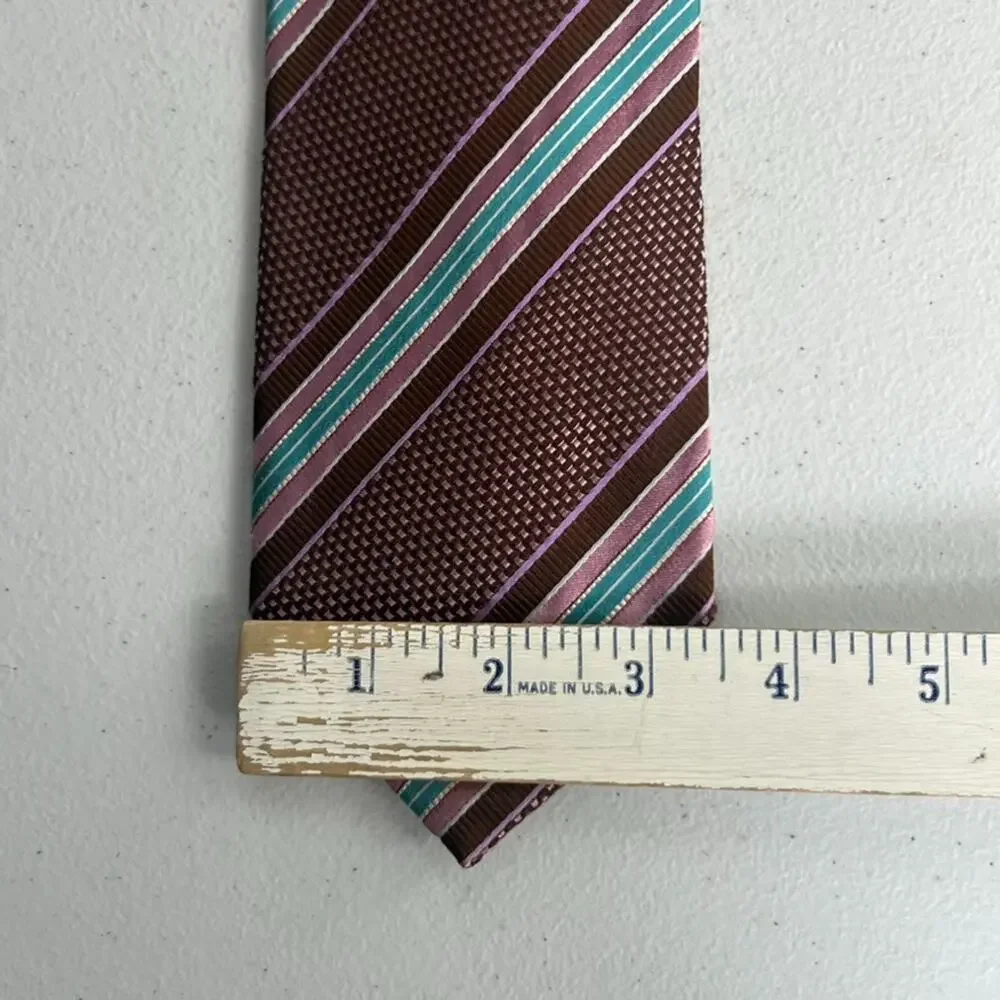 Ermenegildo Zegna Silk Neck Tie Geometric Striped Brown Pink Blue